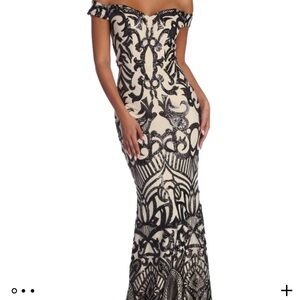 Elegant Black and Cream Off-Shoulder Dress